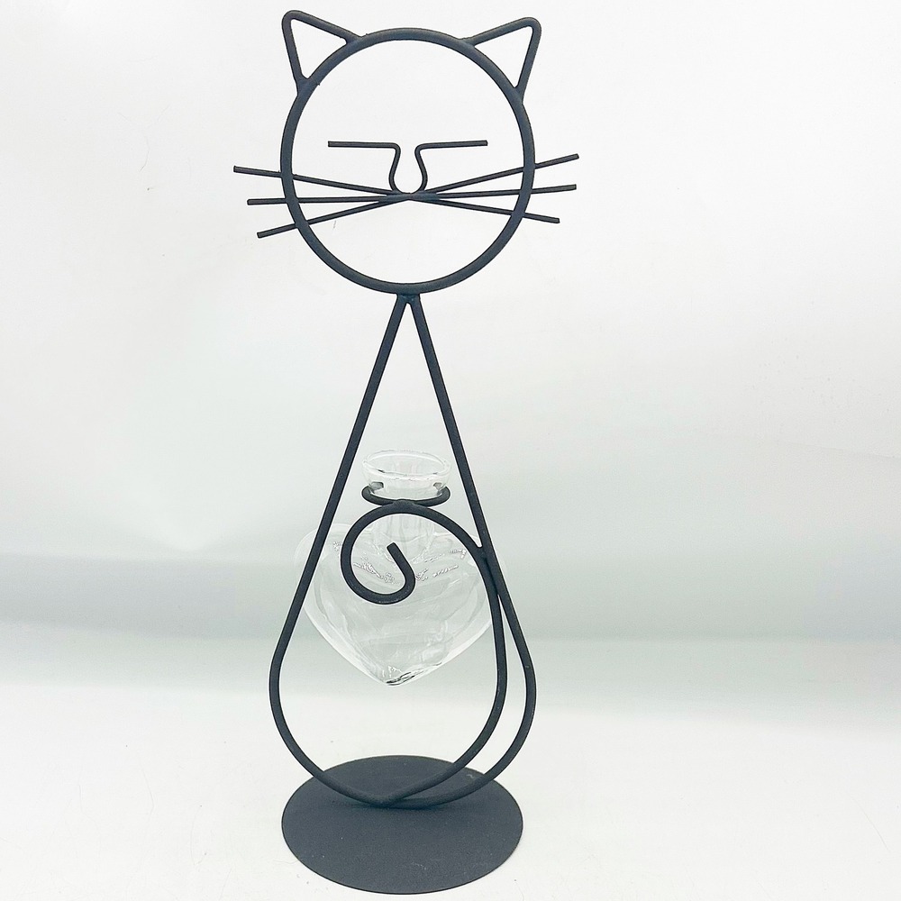 Black Metal Cat Holding Heart Shaped Small Bud Vase